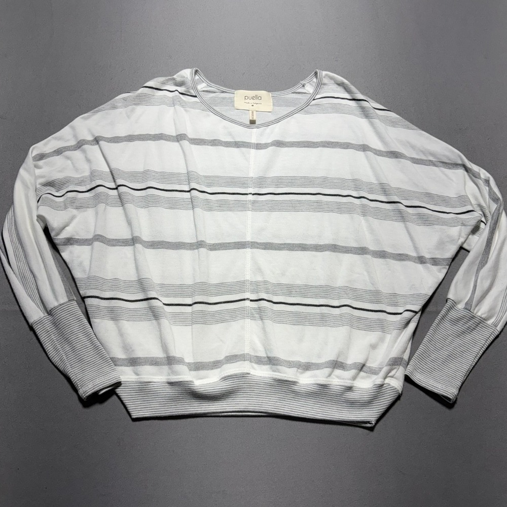 Puella Striped Dolman Sleeve Top White Grey French Terry USA Made T1364 Medium